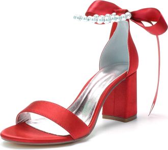 Generic Bridal Shoes Block Heel Wedding High Heels Sandals Open Toe Party Dress Heels Wedding Shoes 8Cm,red,10 UK