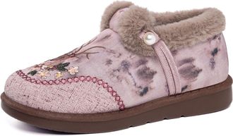 Generic Womens Winter Embroidered Slip-On Slippers Boots Fleece Lined Shoes Floral Design Cozy House Shoes Gift For Mom(Rose,4.5 UK)