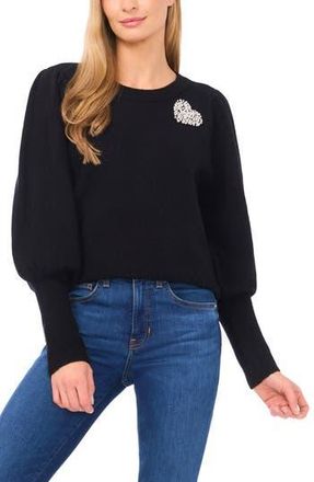 CeCe by Cynthia Steffe Faux Pearl Heart Embellished Crewneck Sweater in Rich Black at Nordstrom Rack, Size Xx-Small