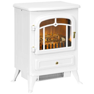 HOMCOM Freestanding Electric Fireplace Indoor Heater Glass View Log Wood Burning Effect Flame Portable Fireplace Stove 950/1850W White | TJ Hughes