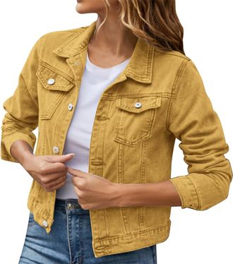 Generic Womens Basic Solid Color Button Down Denim Cotton Jacket With Pockets Denim Jacket Coat Denims Jacket for Women Fleece Lined Denim Jacket Women plus S
