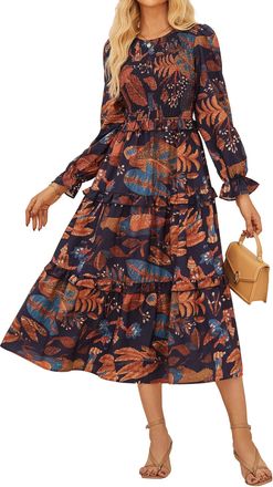 Grace Karin Womens Autumn Dress Long Sleeve Beach Dresses Loose Round Neck Midi Dress with Light and Airy CL146-01 XL Navy Blue