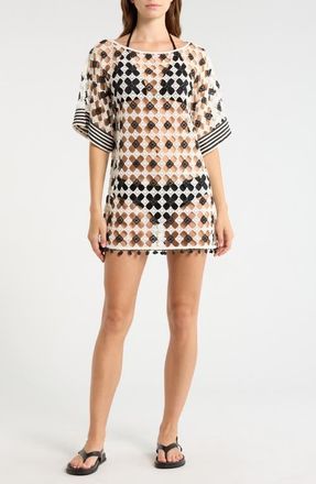 Ramy Brook Betsy Open Stitch Cover-Up Dress in Black/Sandstone Crochet at Nordstrom, Size X-Large