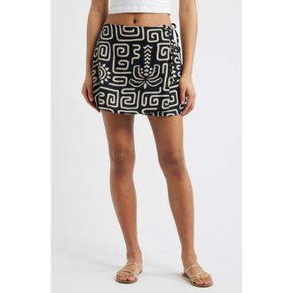 Rip Curl Sunset Luau Linen Blend Wrap Miniskirt in Black/Off White at Nordstrom, Size Xx-Small