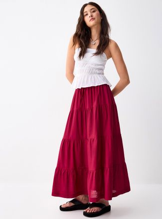 Twik Womens Cherry red tiered maxi skirt