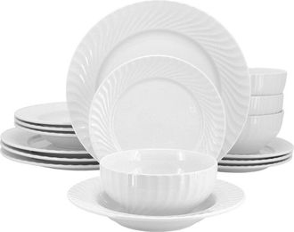 Elama Julia 16Pc Scalloped Double Bowl Porcelain Dinnerware Set