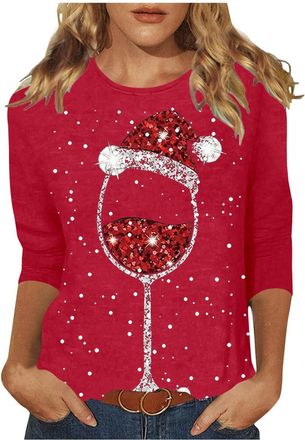 Generic Christmas T Shirts for Women UK Casual 3/4 Sleeve Crew Neck Tunic Shirts Funny Xmas Tree Red Wine Glass Cow Print Blouse Dressy Lightweight Clothes Co