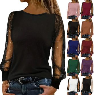 Generic Womens Glitter/Sequin Party Tops Plus Size Womens Mesh Long Sleeve Top Sexy Sheer Tops Slim Fit Crew Neck Blouse See-Through T-Shirt For Party Clubwea