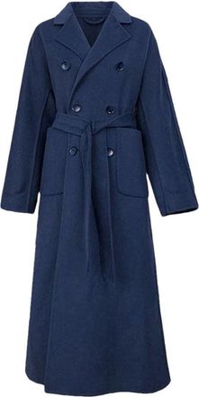 Generic Womens Woolen Long Coat Double Breasted Faux Wool Jacket Ladies Clothes Navy Blue L