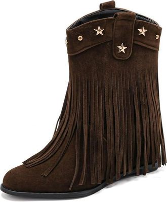 Generic Womens Pull on Short Boots with Revet Chunky Block Heel Wide-Calf Booties Closed Round Toe Western Cowboy Boots with Tassel,Brown,4.5 UK