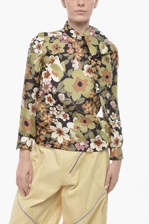Celine Blusa Tie Neck in Organza di Seta con Motivo Floreale Celine