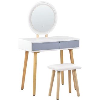 Beliani Beliani - Tocador Led Blanco Gris Madera Clara 80 X 40 Cm 2 Cajones Espejo Patas Josselin