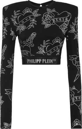 Philipp Plein Shoulder Pads Cropped Top LS Love - Dames - Longsleeves - Zwart - L - Polyester - Tops