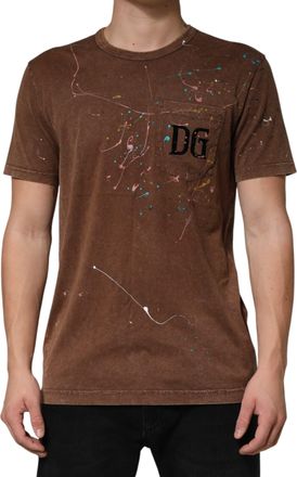 Dolce & Gabbana Brown Splash Color Cotton Crew Neck Mens T-shirt