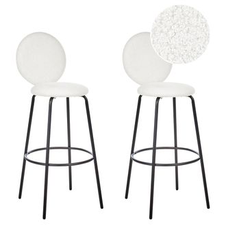 Beliani Beliani - Conjunto De 2 Sillas De Bar De Boucl&eacute; Patas De Acero Negro Respaldo Redondo Patas De Tapas Comedor Blanco Emery