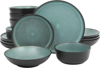 Gibson Home Tribeca Loft 16-Piece Double Bowl and Plates Stoneware Dinnerware Set, Service for 4, Dishwasher & Microwave Safe in Matte Green at