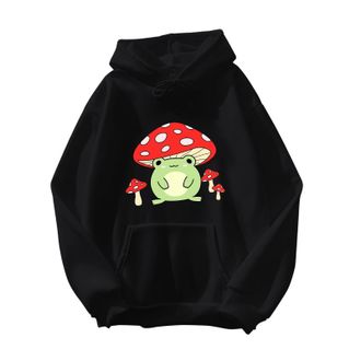 Generic DSFVUS Graphic Crewneck Sweatshirt Womens Cute Frog Sweatshirt Kawaii Mushroom Hoodie Halloween Sweatshirts for Women, Black, Medium