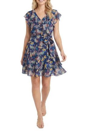 London Times Ruffle Cap Sleeve Faux Wrap Dress in Navy/Hollyhock at Nordstrom Rack, Size 10P