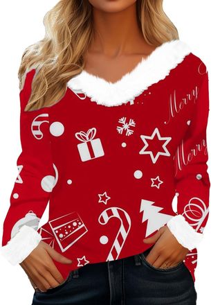 Generic Womens Christmas Jumpers V-Neck Christmas Glitter Snowflake Print Pullover Ladies Long Sleeve Jumper Oversize Soft Lounge Pullover Sparkly Xmas Shirt 