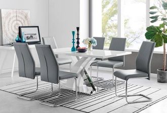 Furniturebox Atlanta Modern Rectangle Chrome Metal High Gloss White Dining Table & 6 Lorenzo Chairs Set in Grey