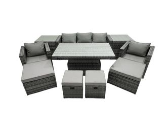 Fimous Rattan Lounge Sofa Rising Dining Table Set & 2 Side Tables 4 Footstool in Dark Grey