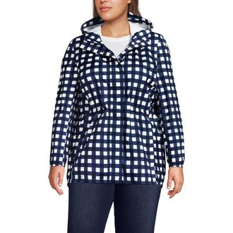 Lands End Squall Packable Waterproof Raincoat in Deep Sea Gingham at Nordstrom, Size 2X