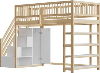 STILVORA Cama Alta 90 X 200 Cm Con Armario, Estantes Y Almacenamiento, Sin Colch&oacute;n, De Madera Maciza, Madera