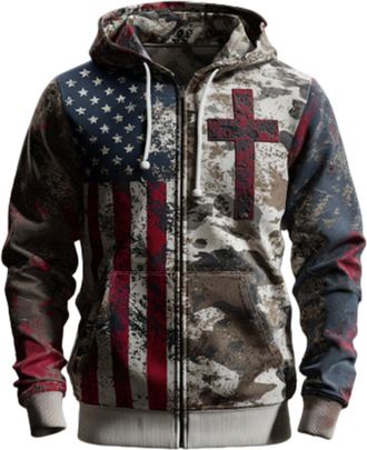 Generic Christian Sweatshirts for Men Faith Casual Cross Flag Print Hooded Sweatshirt Vintage Graphic Pullover Long Sleeve Shirt, B02-Blue, L
