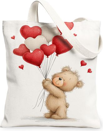 Generic Bear Canvas Tote Bags, Heart Balloon Design Reusable Grocery Bags, ValentineS Day Lightweight Washable Shoulder Strap Canv, White, 13x15 Inch