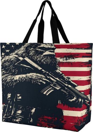 Generic Bigfoot Holding Rifle U.S. Flag Large Reusable Shopping Bag Lightweight Foldable Tote Bags Washable Shoulder Handbag