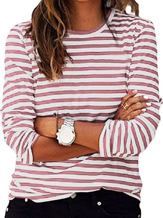 Generic Casual Long Sleeve Striped Tops for Women UK Plus Size Crewneck Colorblock Tunic Tops Cotton Lightweight Thin Jumper with Side Split White Green Blue 
