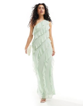 Tfnc Vestito lungo da damigella monospalla in chiffon verde menta con volant