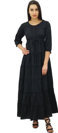 Bimba Womens 3/4 Sleeve Summer Cotton Maxi Dress Drawstring Waist Black