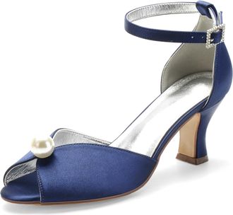 Generic Low Heels Wedding Open Toe Kitten Heel Sandals Heels Wedding Shoes Bridal Shoes Satin Prom Party Dress High Heel 6.5Cm,Deep Blue,10 UK