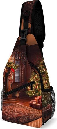 Generic Christmas Tree Fireplace Unisex Shoulder Bags Casual Crossbody Chest Bag Sling Backpack for Hiking Cycling Travel