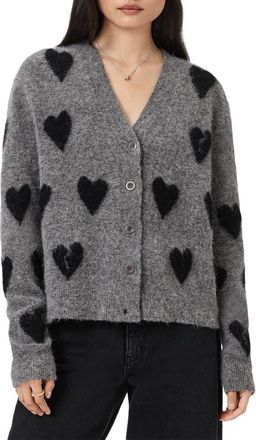 AllSaints Amora Heart Alpaca & Wool Blend Cardigan in Grey/Black at Nordstrom, Size X-Small