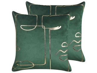 Beliani Set Di 2 Cuscini Decorativi In Velluto Con Motivo Viso 45x45 Cm Verde Philodendron