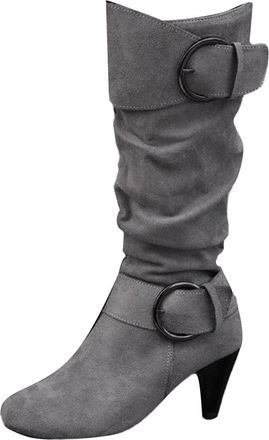 Generic Womens Cowboy Boots Slouchy Wedge Winter Mid Calf Boots Mid Heels Round Head Buckle Strap Side Zipper Casual Fashion Suede Vintage Warm Fall Winter La