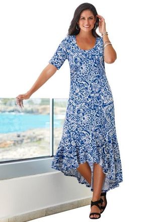 Jessica London Stretch Knit Flounce Hem Maxi Dress in Dark Sapphire Scroll Medallion at Nordstrom, Size 12