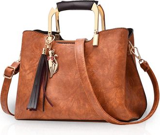 Nicole & Doris NICOLE&DORIS Women Top Handle Crossbody Tassel Tote Satchel PU Leather Handbags, Khaki, L
