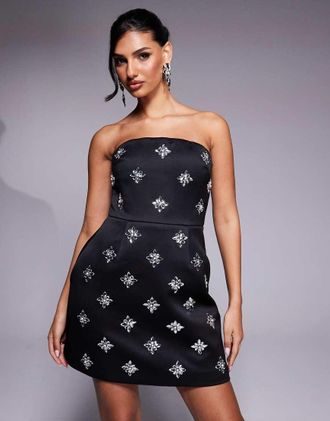 Lavish Alice embellished satin mini dress in black