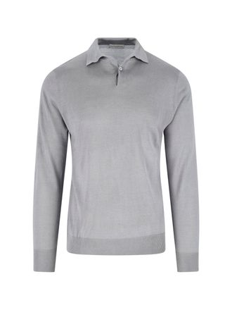Ballantyne Grey Silk-Cashmere Ribbed Polo Sweater