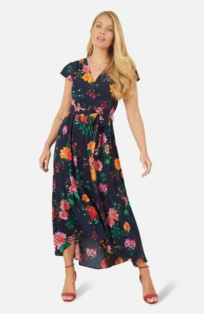 Yumi Flower Print Wrap Midi Dress in Navy at Nordstrom, Size 12