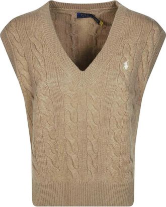 Polo Ralph Lauren Gilet Pullover - Dames - V-hals truien - Beige - S - Wol - Truien & Vesten
