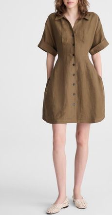 Madewell Pleated Linen Mini Shirtdress in Safari Khaki at Nordstrom, Size Xx-Small