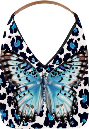 Generic Blue Butterfly Leopard Print Reusable Lightweight Grocery Bags - Foldable Into Compact Pouch, Washable & Sturdy, Multipurpose for Shopping and Travel