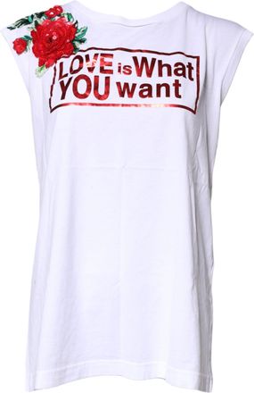 Dolce & Gabbana Womens Sequin Rose Embroidered Tee - White Cotton - Size EU 40 (Womens)