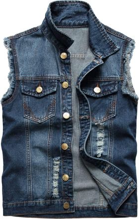 Generic Mens Denim Vest Sleeveless Jacket Ripped Jeans Gilet with Metal Buttons and Pockets Mens Casual Street Cowboy Jeans Waistcoat Biker Motorcycle Denim G