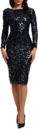 Dress The Population Emery Sequin Long Sleeve Body-Con Midi Cocktail Dress in Navy Multi at Nordstrom, Size X-Small