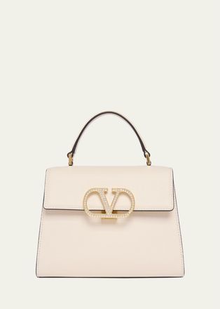 Valentino Garavani Small Crystal VLogo Leather Top-Handle Bag